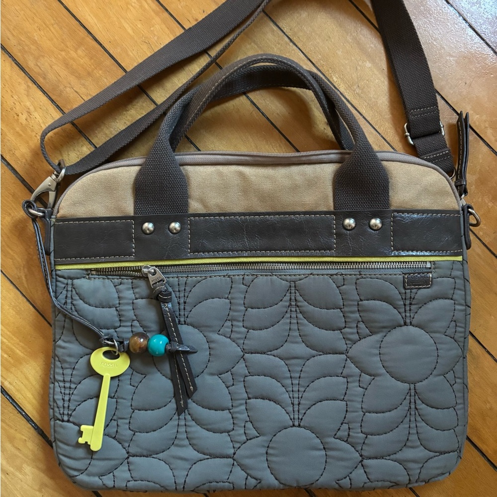 Never been used gray/beige/brown/lime green quilted laptop bag